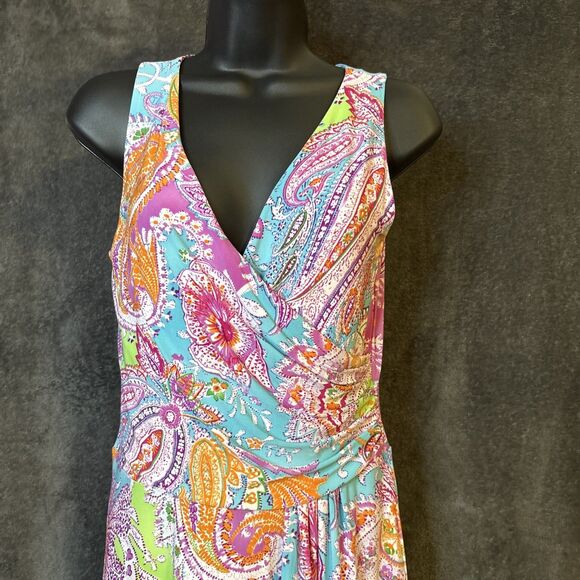 RALPH LAUREN Hawaiian Dress P/P Fit Flare  Paisley Jersey Summer  Stretch - Picture 4 of 12